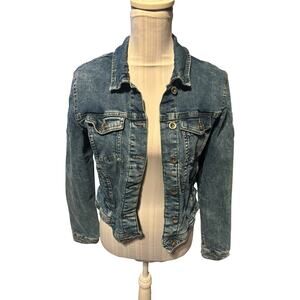 Only Blue Denim Jean Jacket Embroidered Flower Size 42/10